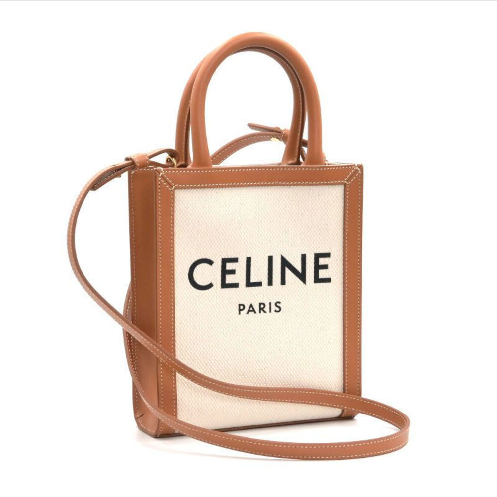 Celine Vertical Cabas Leather Canvas Shoulder Bag Handbag Tote Tan Brown